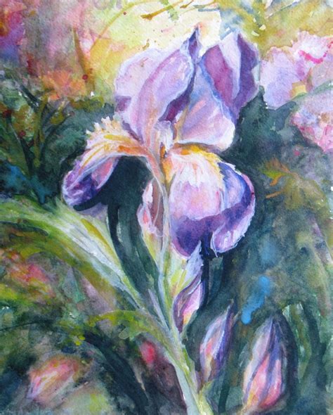Abstract Iris Original Watercolor Painting Flowers Garden