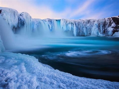 Frozen Waterfalls Snow December Godafoss Waterfall Ice Nature