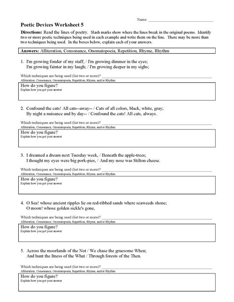Poetic Devices Worksheet 5 Reading Activity