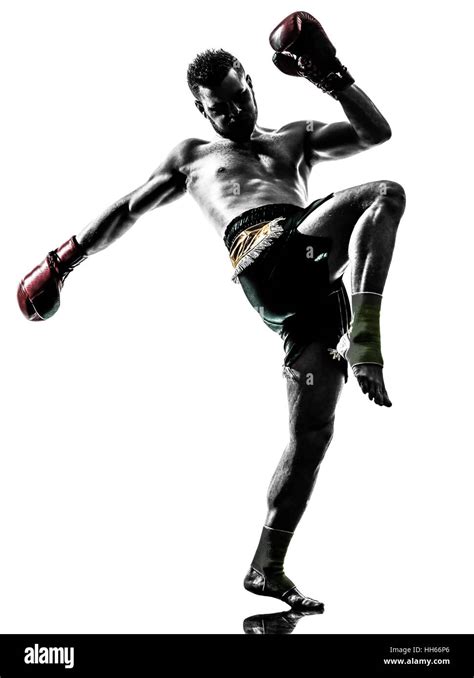 One Man Exercising Thai Boxing In Silhouette Studio On White Background