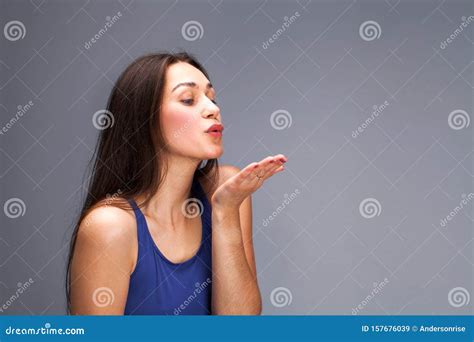 Blow Kiss Young Caucasian Female Brunette Woman Stock Image Image Of Hand Model 157676039