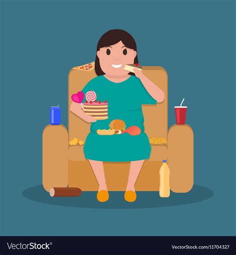 Cartoon Fat Woman Sitting On Couch Eat Junk Food Vector Image