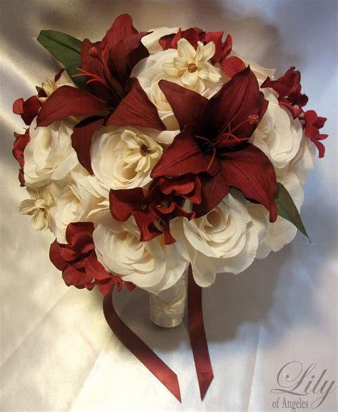 Burgundy and white fake flowers. 17pcs Wedding Bridal Bouquet Flowers Bride Bridesmaid ...