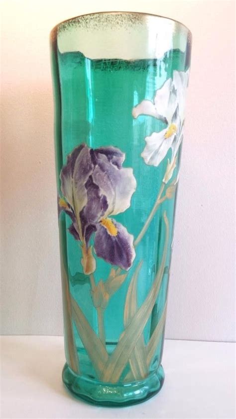 Beautiful Art Nouveau Green Glass Vase With Irises Moser 1904501997 Green Glass Vase