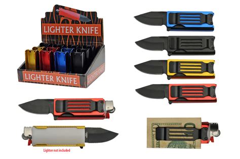 Folding Knife Cigarette Lighter Case Black Blade Aluminum 12 Pc