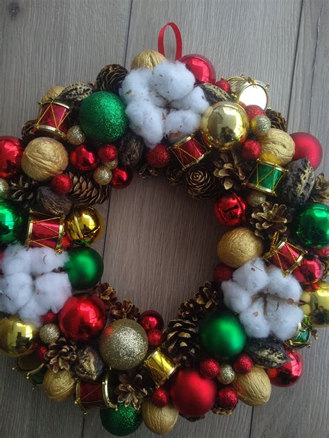 Christmas Wreath Ornament Ball Wreath Red Green And Golden Etsy