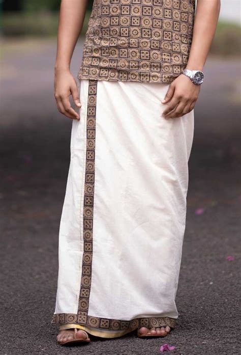 Kerala Mundu With Brown Ajrakh Kara And Border Byhand I Indian Ethnic Wear Online I