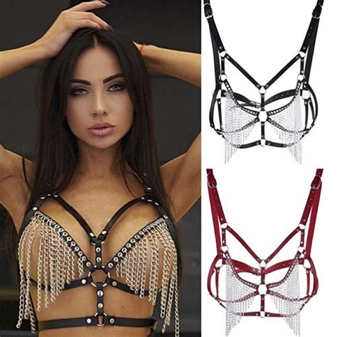buy women leather body chest harness cage bra chain belt gothic costume black at affordable