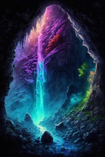 Premium Photo Painting Of A Waterfall Coming Out Of A Cave Generative Ai