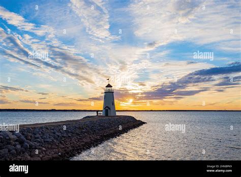 Sunset Beautiful Afterglow Over The Lighthouse Of Lake Hefner At