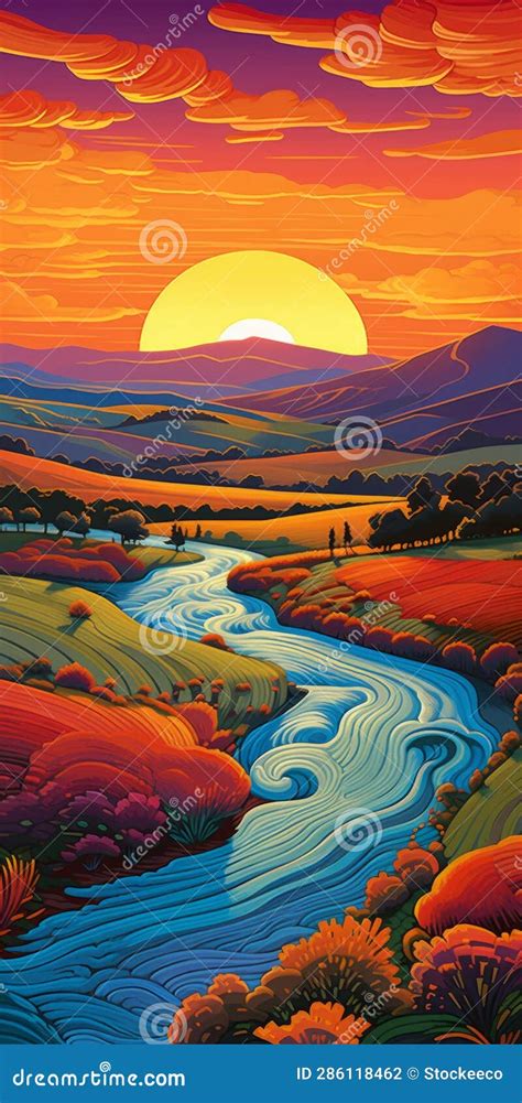 Cartoonish Sunset River In Tuscany Detailed And Vibrant 8k