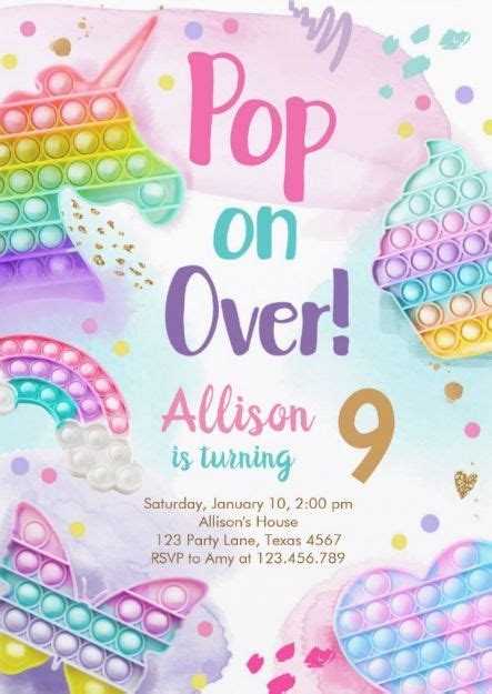 Pop It Birthday Party Invitations For Girls Rainbow Fidget Toy