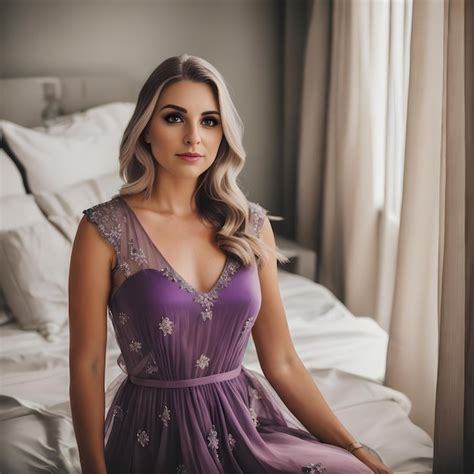 Premium AI Image A Woman In A Purple Dress Sits On A Bed With A White Bedding