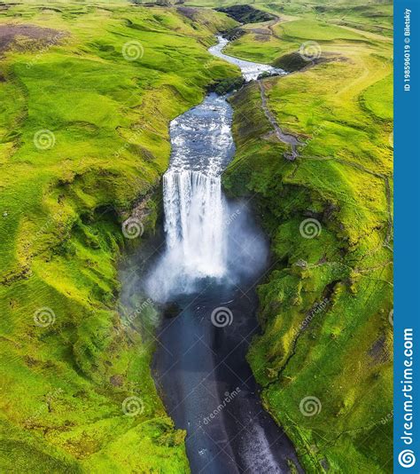 Iceland Aerial View On The Skogafoss Waterfall Landscape In The