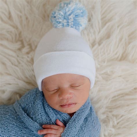 White Newborn Baby Boy Hospital Beanie Hat With Mixed Blue And White