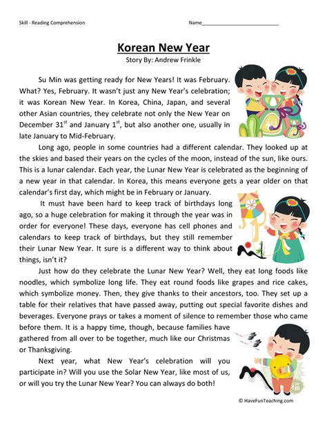 Korean New Year Reading Comprehension Worksheet • Have Fun Teaching