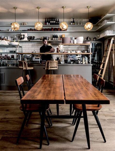 Scandinavian Cafe With Straight Wood Table Founterior