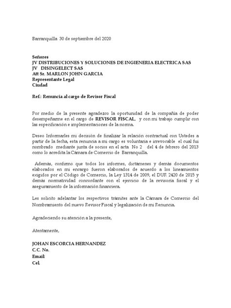 Carta Renuncia Revisor Fiscal Pdf