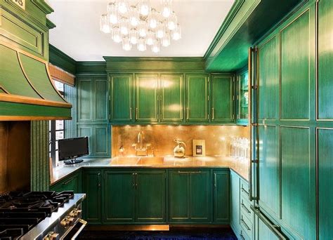 The Cooks Kitchen Contrasts Emerald Green Cabinets And Appliances We
