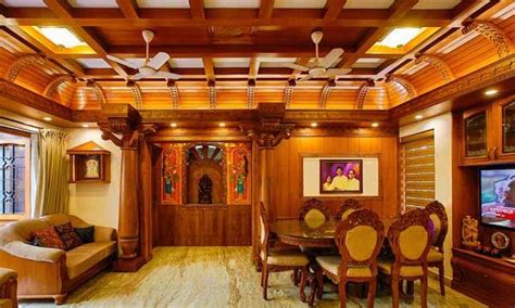 A Living Room With Wood Paneling And Wooden Furniture In Front Of A