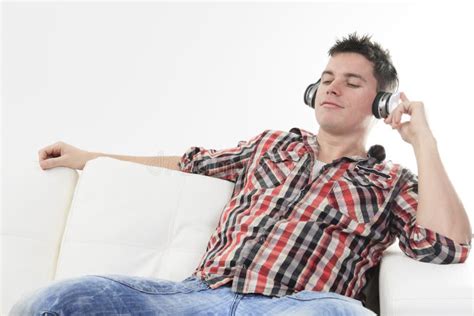 Handsome Guy Enjoying Music On Headphones Stock Photo Image Of Mood