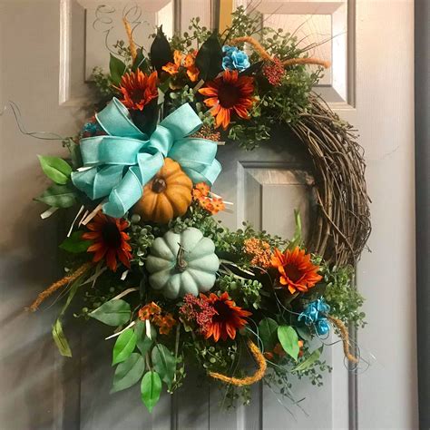 Front Door Wreath Teal Pumpkin Wreath Sunflower Wreath Etsy Door