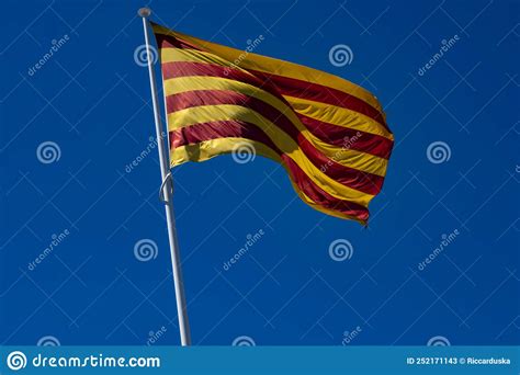 Close Up Of The Catalan Flag Flying In The Blue Sky Stock Image Image