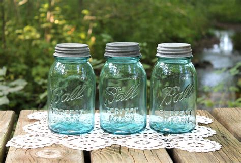 3 Vintage Quart Aqua Ball Mason Jars W Zinc Lids Wedding