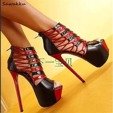 red black sexy woman platform pumps dress shoes peep toe thin heels cage shoes catwalk shows