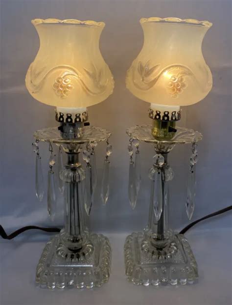 Vintage Pair Of Crystal Glass Hurricane Boudoir Lamps Prisms Embossed Shades Picclick