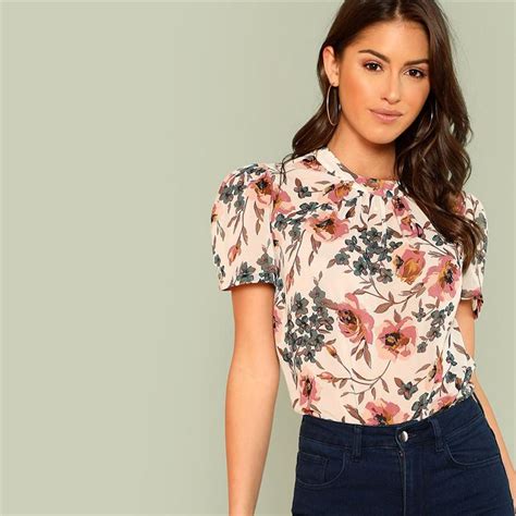 multicolor floral print gathered neck puff sleeve women blouse floral tops blouses for women