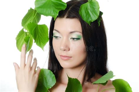 Beautiful Woman With Spring Green Leaves Stock Image Image Of Background Floral 29898857
