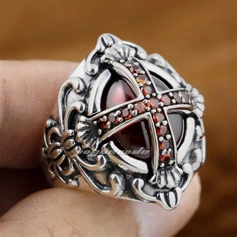 925 Sterling Silver Goth Big Red Cz Stone Cross Mens Ring 9d005 In