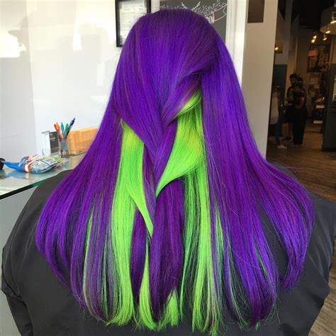 Violet And Neon Green Hair Neon Green Hair Hair Color