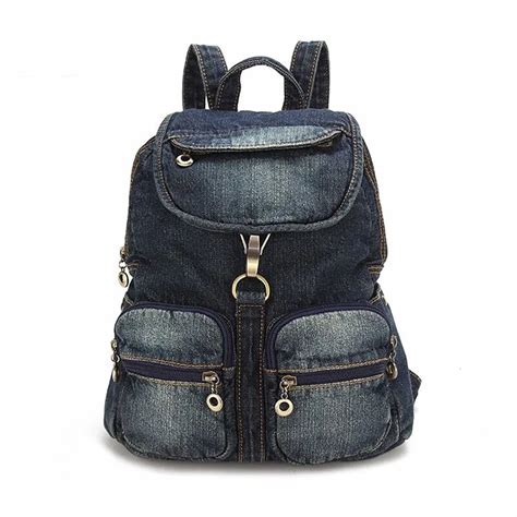 Small Vintage Navy Blue Denim Backpack With Cover High Quality Women