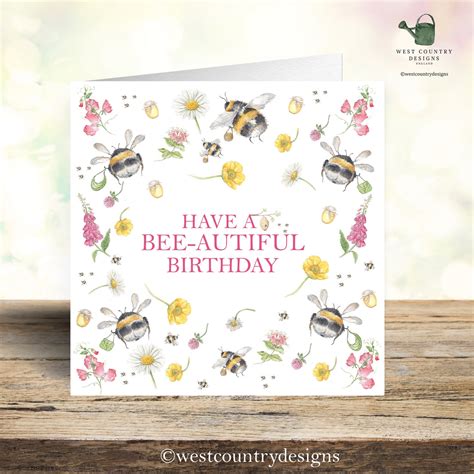 Flower Bee Design Greeting Birthday Card Etsy Uk
