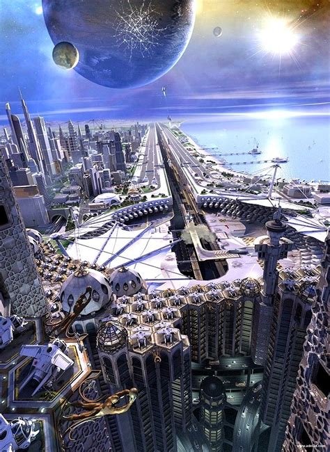 Futuristic Coastal City On A Planet With A Nearby Twin Planet