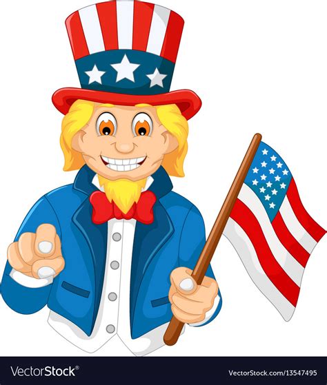 Funny American Cartoon Holding American Flag Vector Image