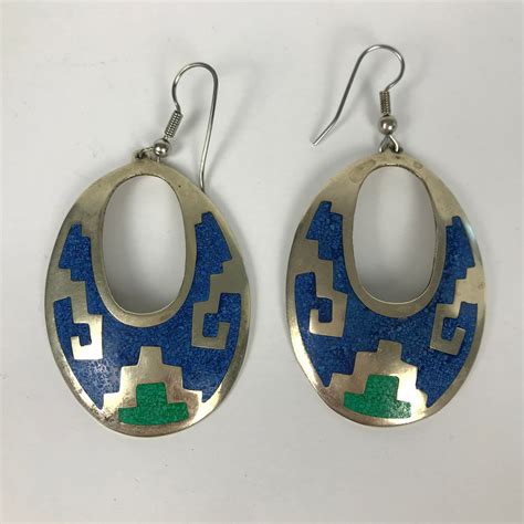 Mexican Silver Dangle Earrings Crushed Stone Inlay Tribal Etsy In