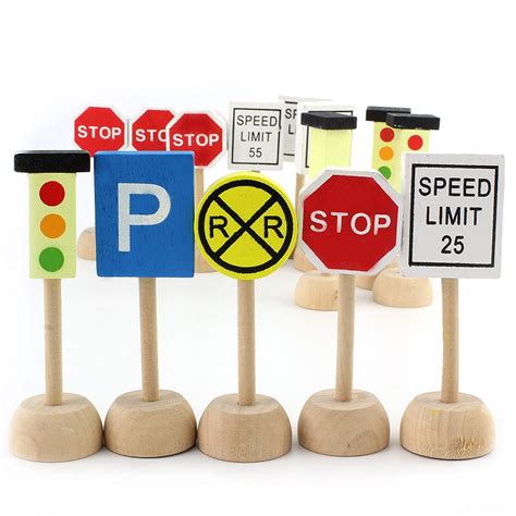 Attatoy Kids Wooden Street Signs Playset 14 Piece Set Wood Traffic