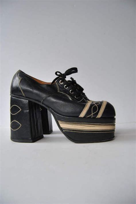 Vintage 70s Mens Platform Disco Shoes Size 8 Black Cream Etsy Disco