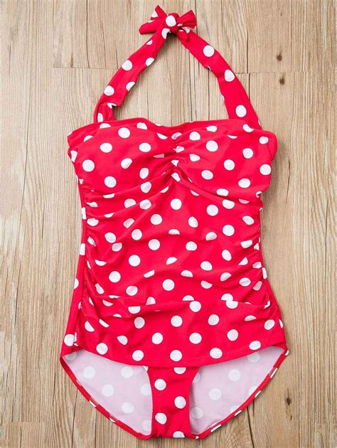 Fashionable Polka Dot Printed Halter One Piece Swimwear For Women Red