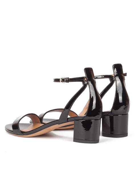 Mid Block Heel Sandals In Black Patent With Ankle Strap Pura Lopez