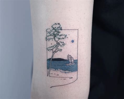 That's why tattoo artists usually put landscape tattoos inside geometric shapes such as circle, triangle, square. Minimalist shore landscape tattoo - Tattoogrid.net