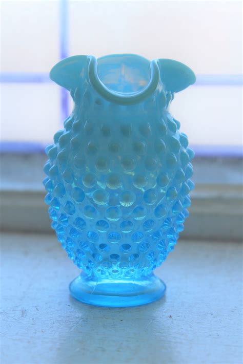 Vintage Glass Vase Fenton Blue Opalescent Hobnail