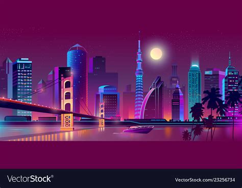 Background With Night City In Neon Lights Vector Image