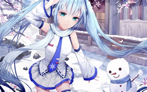Wallpaper Twintails Snowman Winter Vocaloid Scarf Hatsune Miku