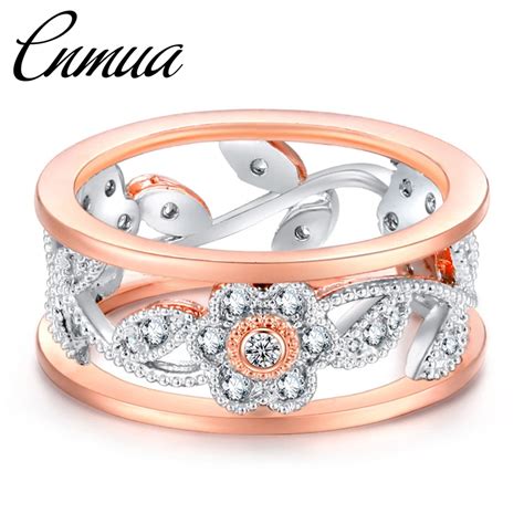 new flower rose gold plating ring women shiny zircon ring high quality female metal hollow