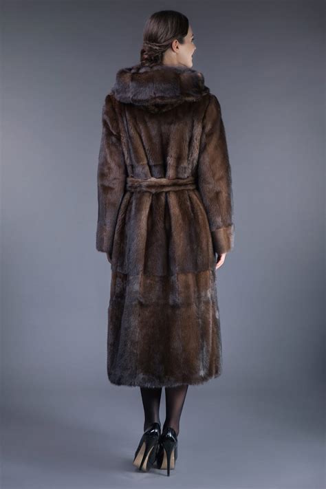 natural brown mink fur hooded coat tied with belt handmade by nordfur