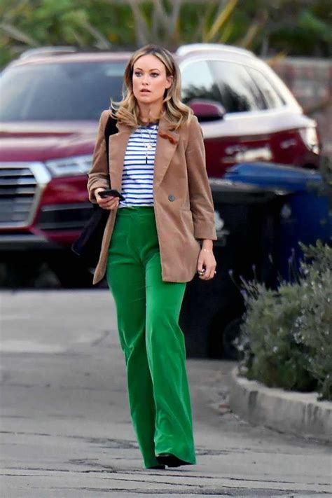 Olivia Wilde Style Brown Blazer Green Pants Celebrity Photos Celebrity Style Work Outfit